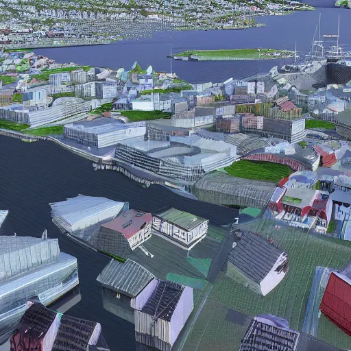 Image similar to low - poly render of the city bodø in norway