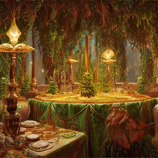 Prompt: a miniature tabletop forest glowing under an ornate glass dome, by paulette tavormina and michael whelan and donato giancola, on a sumptuous velvet tablecloth, hyper realistic, extremely detailed, dramatic lighting, victorian, octane render, featured on artstation