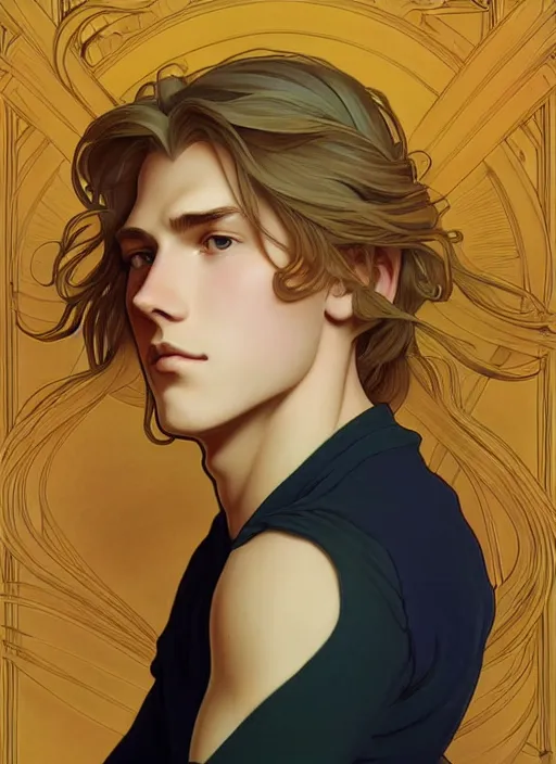 Image similar to pretty young man with shoulder length shiny shimmering golden blond hair, path traced, highly detailed, high quality, digital painting, by studio ghibli and alphonse mucha, leesha hannigan, disney