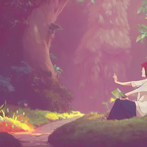 Image similar to woman sitting in a fantasy garden, cottagecore, atey ghailan, goro fujita, studio ghibli, rim light, sharp lighting, clear focus, very coherent,