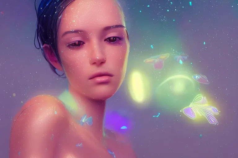 Prompt: a very beautiful dreamy hyper realistic portrait of a beautiful! glass woman made of transparent glossy glass skin surrounded with glowing butterflies, rendered by beeple, by makoto shinkai, syd meade, space art concept, sci - fi, digital art, unreal engine, wlop, trending on artstation, 4 k uhd image, octane render