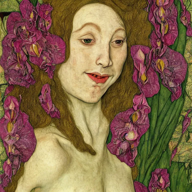 Image similar to a grinning girl with her skin tattood with plant patterns, her face looks like an orchid, she is the center of the garden, jan van eyck, ernst fuchs, egon schiele, trending on artstation, 8 k, award winning