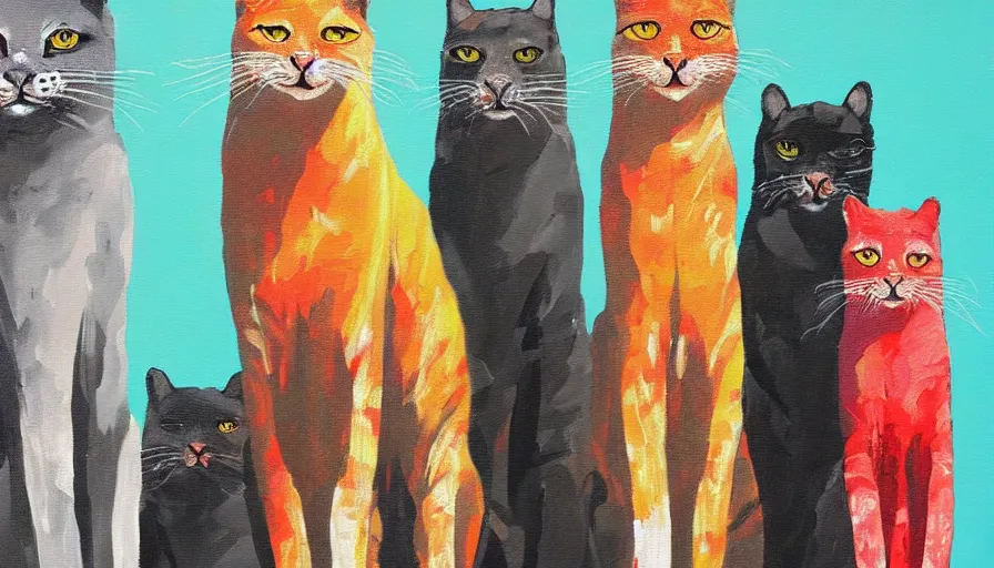 Image similar to contemporary semi abstract acrylic painting of really tall cats by cath kidston, by greg rutkowski, kessler art, thick brush strokes and visible paint layers, multicolor color scheme