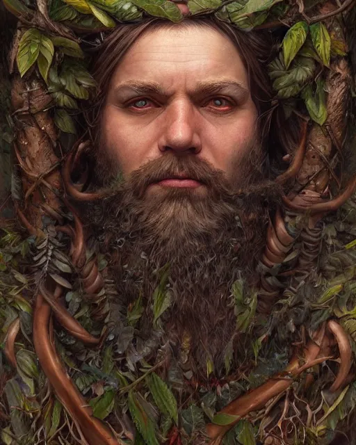 Image similar to forest druid with ram horns and leaves in his beard | highly detailed | very intricate | symmetrical | cinematic lighting | award - winning | closeup portrait | painted by donato giancola and mandy jurgens and charlie bowater | featured on artstation