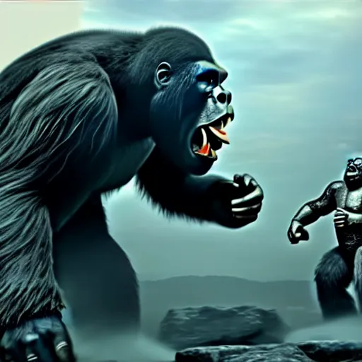 Image similar to king kong with wings fights in new york against godzilla with 3 heads, hyper realistic, ray tracing