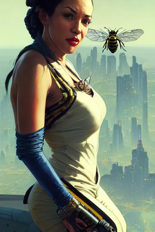 Image similar to gta 5 queen bee profile picture by greg rutkowski, dynamic pose, intricate, futuristic, fantasy, elegant, by stanley artgerm lau, greg rutkowski, thomas kindkade, alphonse mucha, loish, norman rockwell, fantasy lut, asymmetric, long hair, retro computer graphics, video game, fluid lines,