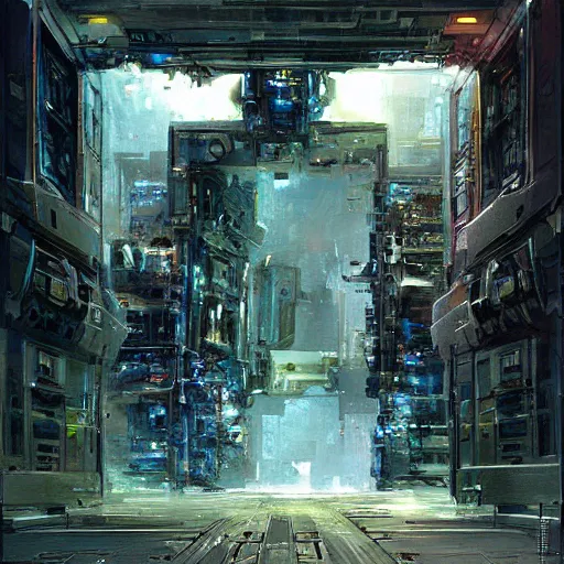 Prompt: a rectangular doorway surrounded by complex machinery is a portal to another dimension. in the style of john berkey. trending on artstation and deviantart. digital art.