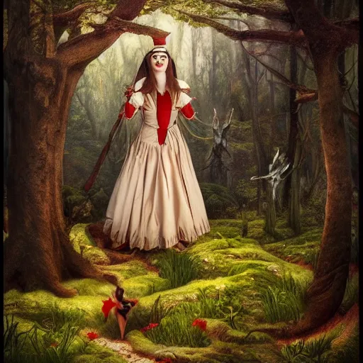 Image similar to the court jesters wife lost in the woods, pretty, beautiful, hyper realistic fantasy painting, artstation, by ansel adams and annie leibovitz, cinematic, magical