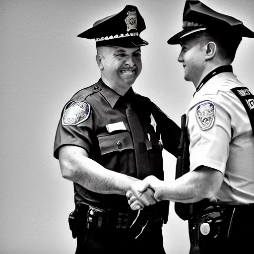 Image similar to A police officer shaking hands with a sheriff, photorealistic