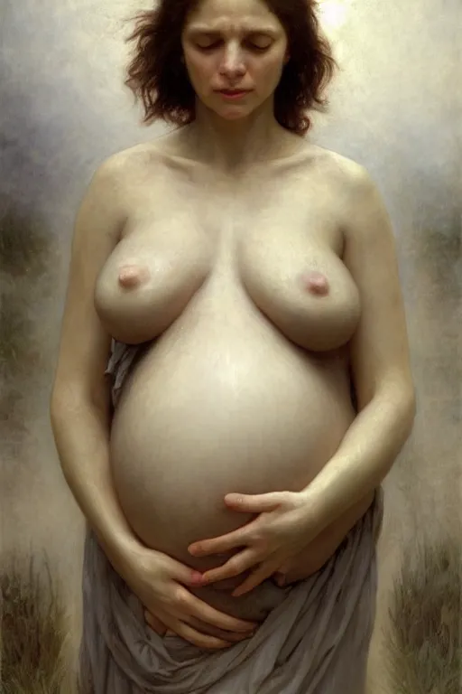 Prompt: pregnant woman in dystopia by Alyssa Monks, Bouguereau. Hyper realism, realistic proportions, dramatic lighting, high detail 4k