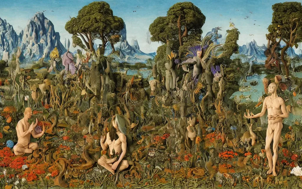 Image similar to a portrait photograph of a meditating centaur shaman and a flayed venus feeding reptiles at a wide river delta. surrounded by bulbous flowers, animals and a few trees. mountain range under a vast blue sky of burning stars. painted by jan van eyck, max ernst, ernst haeckel, ernst fuchs and artgerm, trending on cgsociety