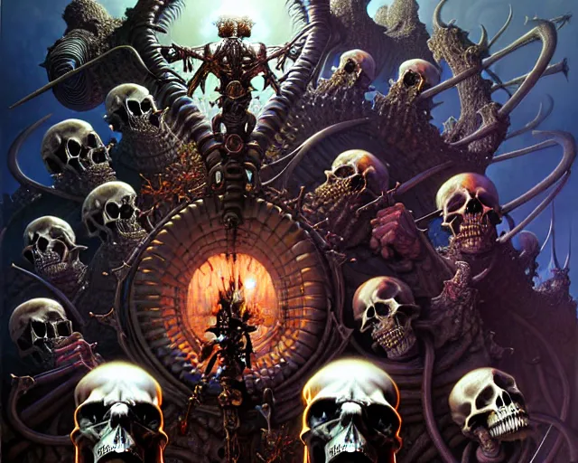 Prompt: the army of darkness and skulls, fantasy character portrait made of fractals facing each other, ultra realistic, wide angle, intricate details, the fifth element artifacts, highly detailed by peter mohrbacher, hajime sorayama, wayne barlowe, boris vallejo, aaron horkey, gaston bussiere, craig mullins