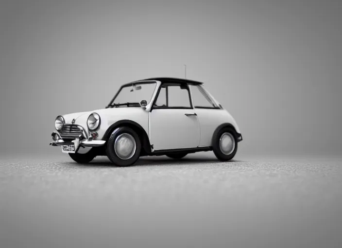 Image similar to a small miniature of a Mini Cooper S 1963 on a white table near a vase with a plant, 3d render, octane render, unreal engine 5, path tracing, serene landscape, calm, relaxing, beautiful landscape, highly detailed, high quality, 4k, symmetrical, low contrast, product photo