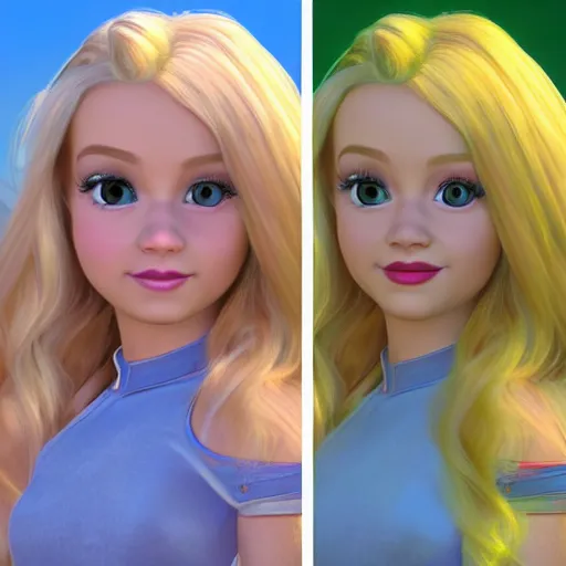 Image similar to a 3d princess with blonde hair , 3d cgi , disney style , photorealistic