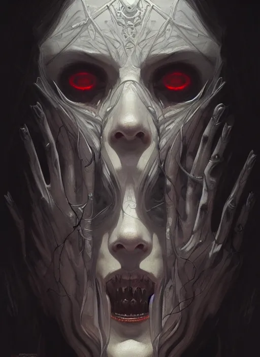 Image similar to symmetry!! portrait of a ghoul, horror, moody lights!! intricate, scary, highly detailed, digital painting, artstation, concept art, smooth, sharp focus, illustration, art by artgerm and greg rutkowski and alphonse mucha