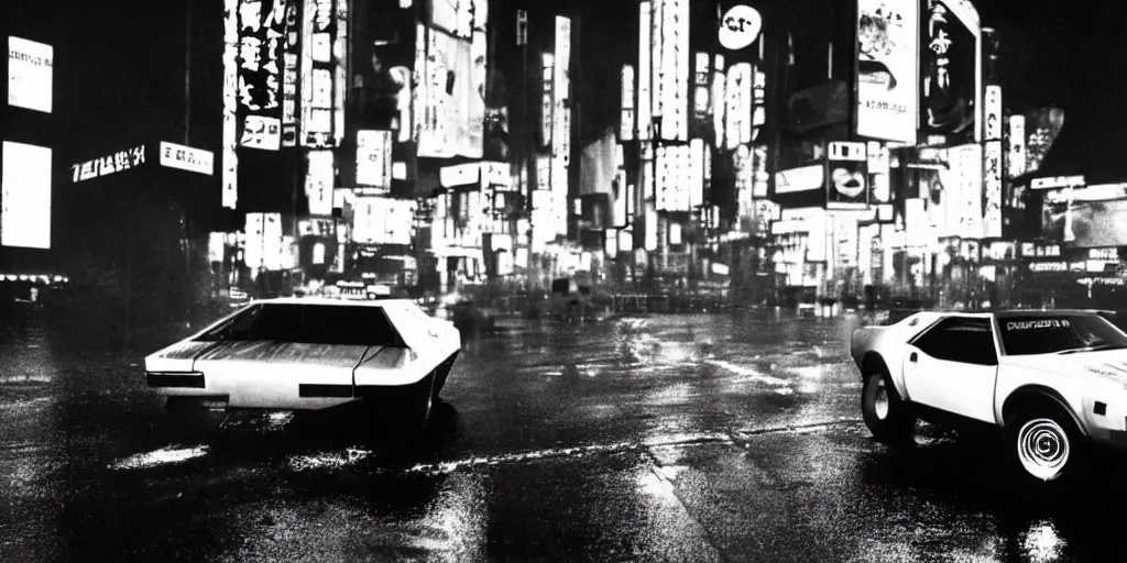 Prompt: a single amc amx / 3, speeding down tokyo highway in the rain, night time, neon lights, thunderstorm, movie still from the film bladerunner