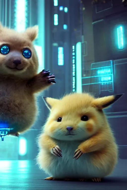 Image similar to high quality 3 d render sci - fi very cute fluffy! wombat!! cyborg with futuristic mechanical parts, cyberpunk monocle!, highly detailed, unreal engine cinematic smooth, in the style of detective pikachu, hannah yata charlie immer, dark blue neon light, low angle, uhd 8 k, sharp focus