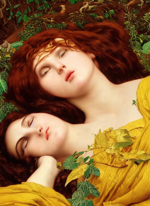 Image similar to masterpiece beautiful seductive flowing curves preraphaelite face portrait amongst leaves, extreme close up shot, straight bangs, thick set features, yellow ochre ornate medieval dress, laying amongst foliage mushroom forest circle arch, frederic leighton and kilian eng and rosetti and preraphaelites, 4 k