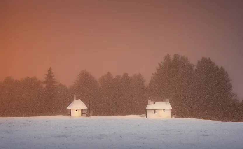 Prompt: Snowy Landscape with Blizzard and heavy snow, a Small shack in the distance with orange lights in the windows