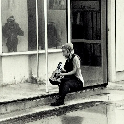 Prompt: Scarlett Johansson, lonely, with a electric guitar on his back, waiting at the bus stop on moody weather, rinat voligamsi