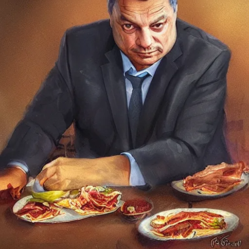 Image similar to viktor orban with detailed eyes, sitting on a large pile of bacon by greg rutkowski