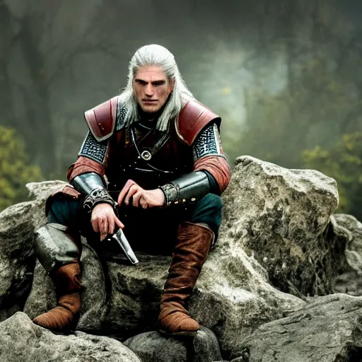 Image similar to film still of of geralt from the witcher, sitting on a rock deep in thought, his arm bent and chin resting on his wrist