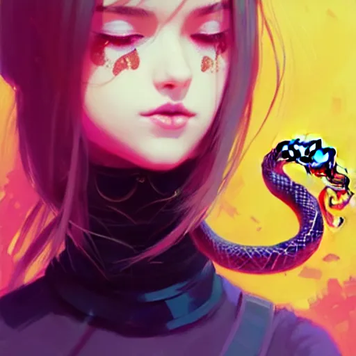 Image similar to longshot of a pretty girl wearing a black choker holding a snake, intricate, bright colors, sharp focus, illustration, highly detailed, concept art, matte, trending on artstation, anime, art by wlop and artgerm and greg rutkowski, ilya kuvshinov, strong strokes, h 6 4 0