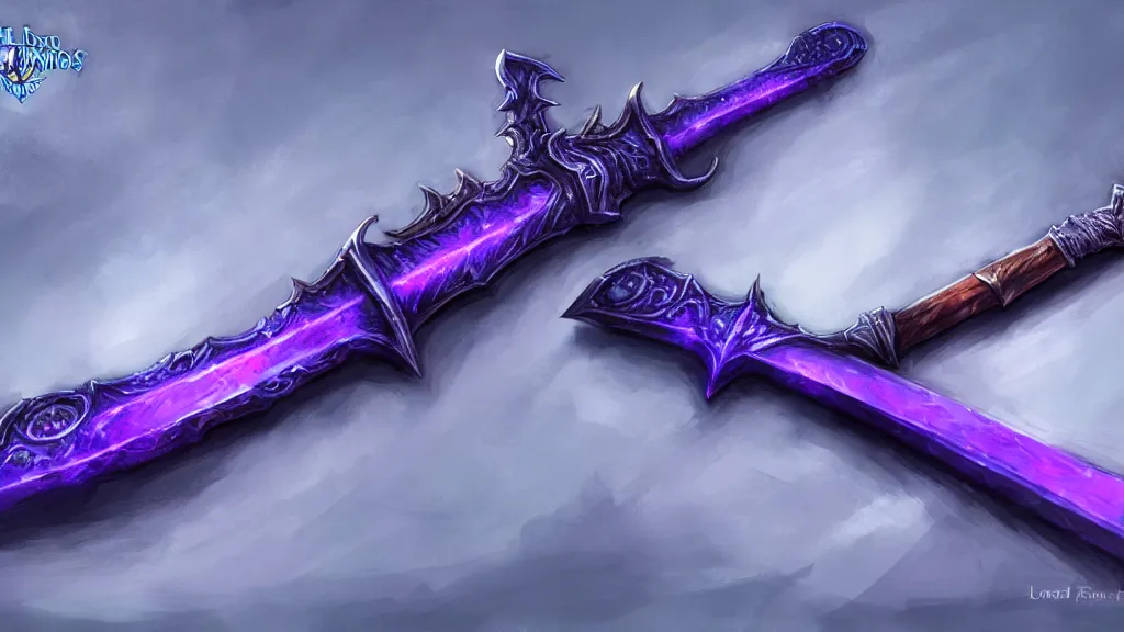 Image similar to 3 feet long broad sword, frostmourne, purple glowing inscription, 8 k, 4 k, concept art, digital painting, game concept art, lord of the rings, fantasy setting