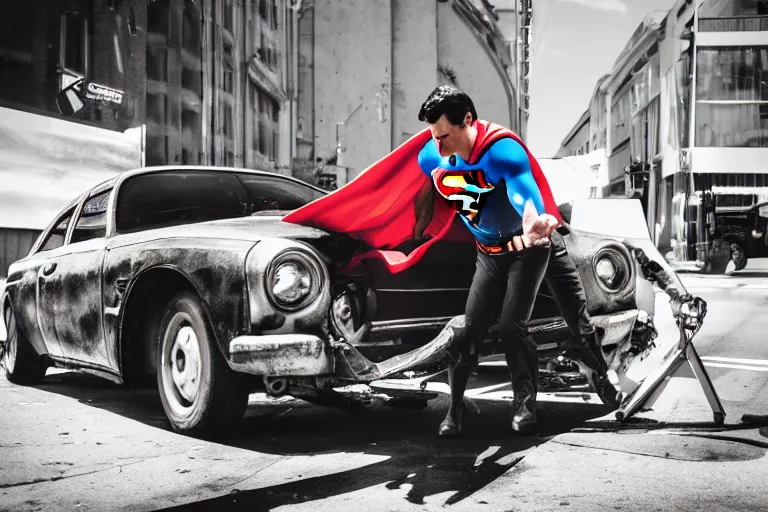 Image similar to superman pushing a broken car, chromatic, amber, direct sunlight, dslr, banksy, pastel, dof