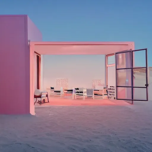 Prompt: An ultra high definition, professional photograph of an outdoor partial IKEA showroom inspired sculpture located on a pastel pink beach ((with pastel pink, dimpled sand where every item is pastel pink. )) The sun is deep orange and can be seen rising through the windows from the showroom. The showroom unit is outdoors and the floor is made of dimpled sand. The showroom unit takes up 20% of the frame. Morning time indirect lighting with on location production lighting on the showroom. In the style of wallpaper magazine, Wes Anderson.