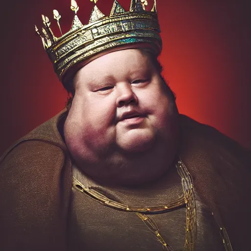 Image similar to stunning beautiful portrait photography of a medieval fat king with crown from national geographic magazine award winning, dramatic lighting, taken with Sony alpha 9, sigma art lens, medium-shot