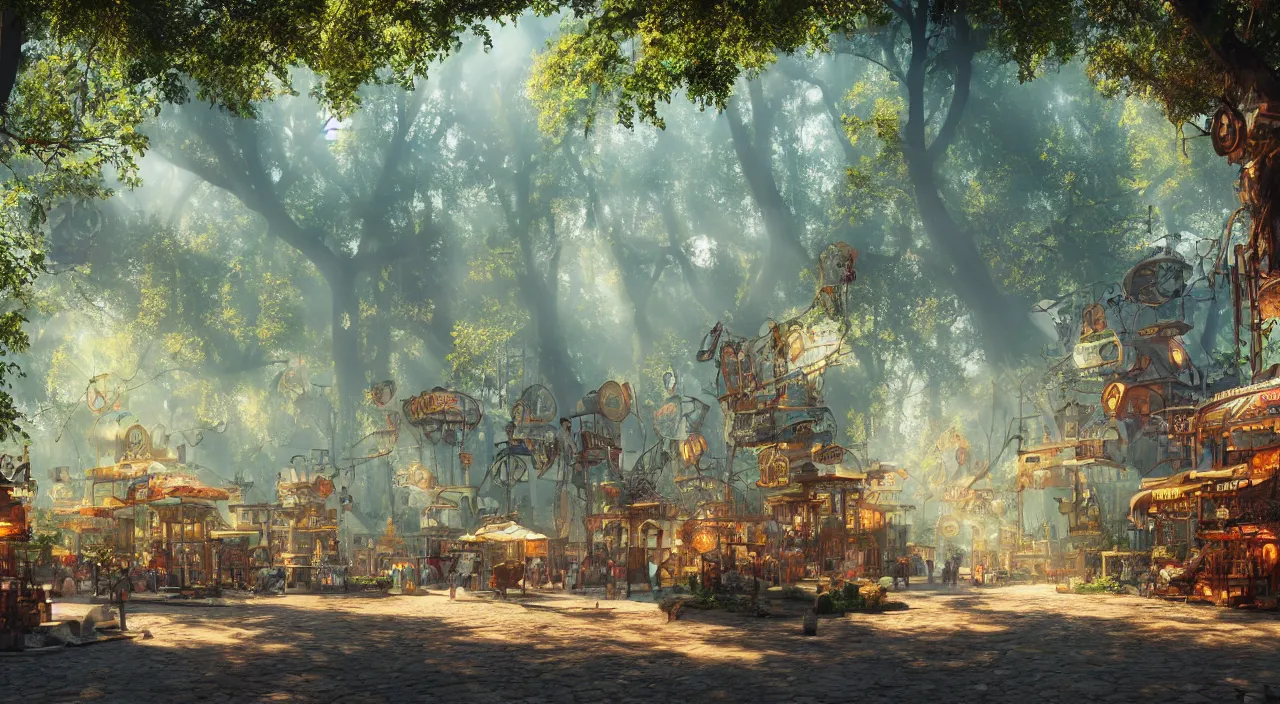 Image similar to a steampunk village in a forest on a summers day, suns rays, giant trees, junk everywhere, neon signs, magical atmosphere, mist, photo realistic, octane render, 8k, guido borelli da caluso