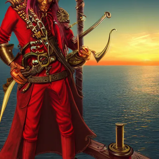 Image similar to a red - skinned horned male tiefling pirate wearing a pirate coat with shiny gold buckles and a rapier on his hip, standing at the prow of his ship looking out over the water, uhd, high detail, sunset lighting