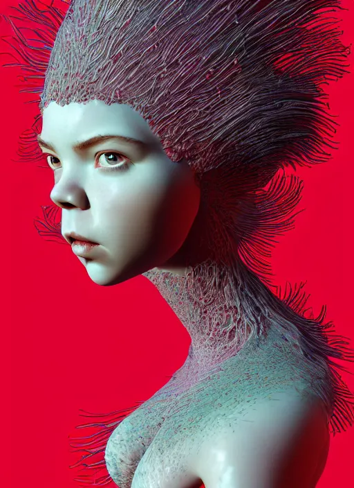 Image similar to hyper detailed 3d render like a Oil painting - very coherent Concrete displacement mapped profile subsurface scattering (a beautiful fae princess protective playful expressive from dark crystal that looks like Anya Taylor-Joy) seen red carpet photoshoot in UVIVF posing in scaly dress to Eat of the Strangling network of yellowcake aerochrome and milky Fruit and His delicate Hands hold of gossamer polyp blossoms bring iridescent fungal flowers whose spores black the foolish stars by Jacek Yerka, Ilya Kuvshinov, Mariusz Lewandowski, Houdini algorithmic generative render, golen ratio, Abstract brush strokes, Masterpiece, Victor Nizovtsev and James Gilleard, Zdzislaw Beksinski, Tom Whalen, Mark Ryden, Wolfgang Lettl, hints of Yayoi Kasuma and Dr. Seuss, Grant Wood, octane render, 8k