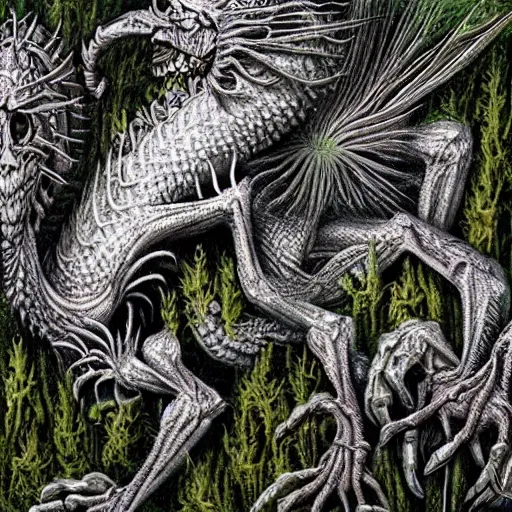 Image similar to white dragon skeleton covered in moss and flowers, intricate details, hyperrealistic, hr giger