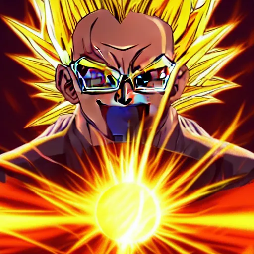 Image similar to portrait of Bernie Sanders from dragon ball z with glowing golden aura flying over a desert field, super saiyan 3, yellow spiky hair, high quality photo