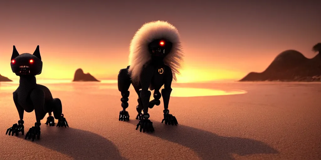 Image similar to a scary, evil, malevolent robotic canine appearance like a japanese spitz, robotic parts fused with the body and head, on a beach at sunset, this 4 k hd image is trending on artstation, featured on behance, well - rendered, extra crisp, features intricate detail and the style of unreal engine. golden hour