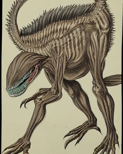 Image similar to A victorian naturalist\'s illustration of a velociraptor, anatomical notes with labels, pen and ink