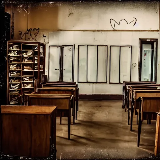 Prompt: photo of a creepy school