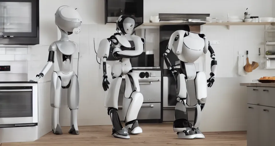 Prompt: humanoid robot, IKEA Catalogue photo in a high end farmhouse style kitchen