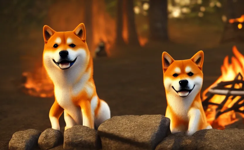 Image similar to A shiba inu dog in unreal engine, cinematic shot, campfire