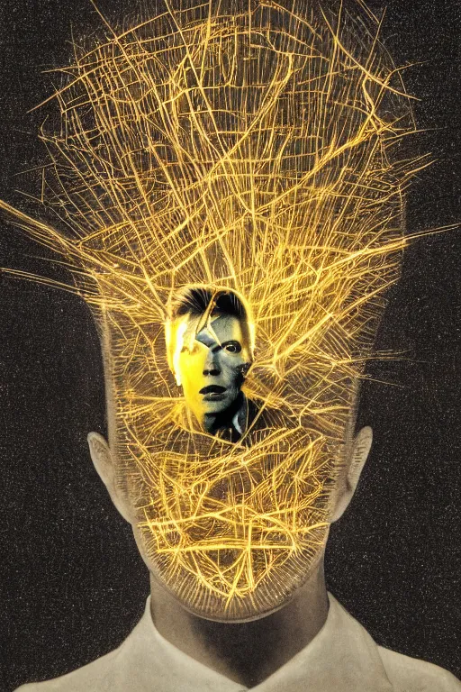 Image similar to portrait of david bowie's head inside an upside down light bulb, kintsugi, modern fine art, fractal, intricate, elegant, highly detailed, digital photography, subsurface scattering, by banksy and basquiat and greg rutkowski,