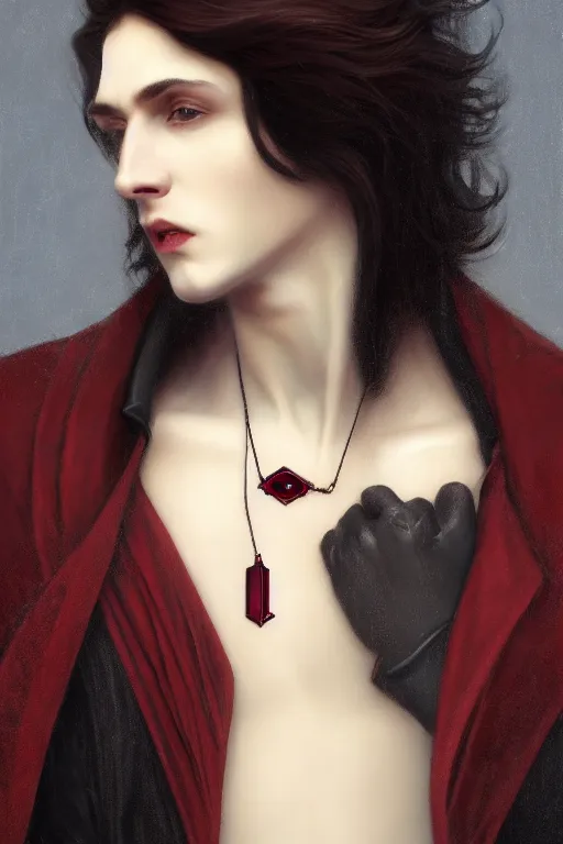 Image similar to a beautiful androgynous man, long thick dark hair, deep brown eyes, vampire, dressed in velvet, wearing a ruby pendant, illustration, dramatic lighting, soft details, painting oil on canvas, art nouveau, octane render, HDR, 4k, 8k, HD, by Edmund Blair Leighton, Brom, Charlie Bowater, faces by otto schmidt