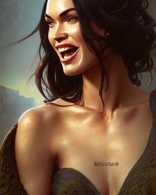 Image similar to portrait of megan fox laughing, intricate, headshot, highly detailed, digital painting, artstation, concept art, sharp focus, cinematic lighting, illustration, art by artgerm and greg rutkowski, alphonse mucha, cgsociety