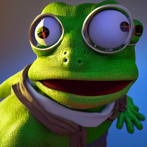 Image similar to pepe the frog, photorealistic render with cinematic lighting by beeple, cinema octane, unreal engine, 8 k