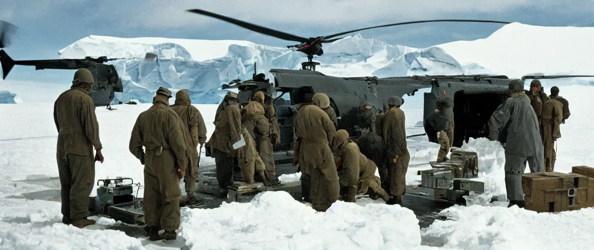 Image similar to establishing wide shot color movie like 3 5 mm photograph of middle aged caucasian us soldierss unloading dark grey metal rectangular crate from a black military 1 9 8 2 helicopter at a top secret military base in antarctica