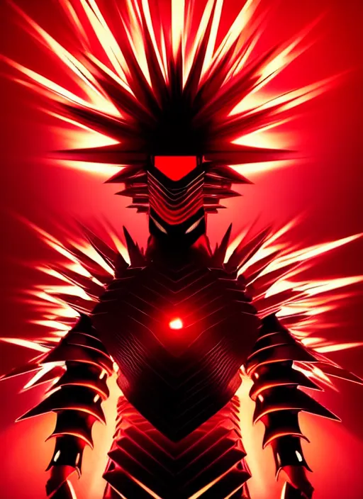 Image similar to a striking cinematic full body manga portrait of a long black haired male teenager wearing imposing red jagged spiked plate armour and glowing with raging powerful red energy by hirohiko araki and beeple, fine details, digital art, character concept art, volumetric lighting, cinematic light, photorealistic