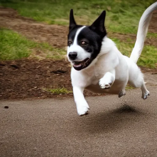 Image similar to a cute dog with the zoomies, movie still, 8 k