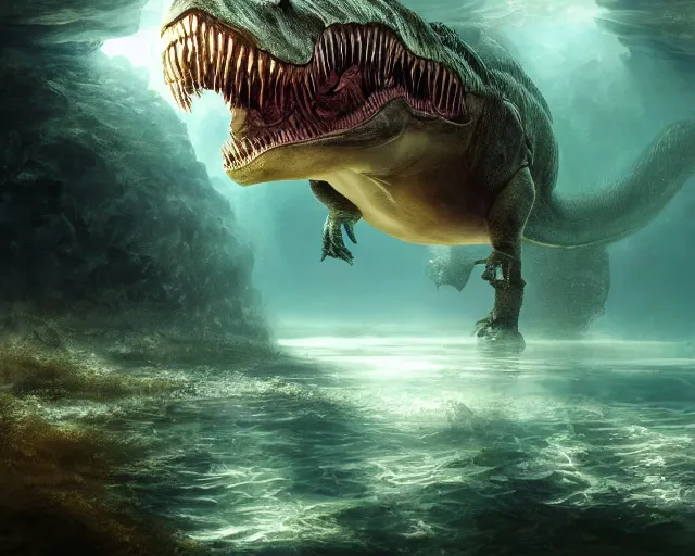 Prompt: a creepy underwater image of a t - rex lurking in the depths waiting to attack, matte painting, ultra wide shot, sharp focus, wallpaper art, dramatic lighting, artwork by shan qiao, albert bierstadt and murata ranga