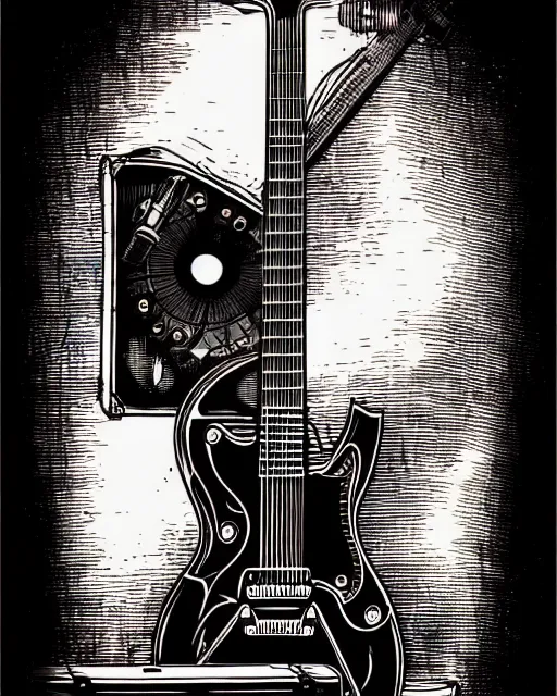 Prompt: a steampunk guitar leaning on an guitar amp, two point perspective, high details, bold line art, by vincent di fate and joe fenton, inking, etching, screen print, masterpiece, trending on artstation, sharp, high contrast, hyper - detailed,, hd, 4 k, 8 k